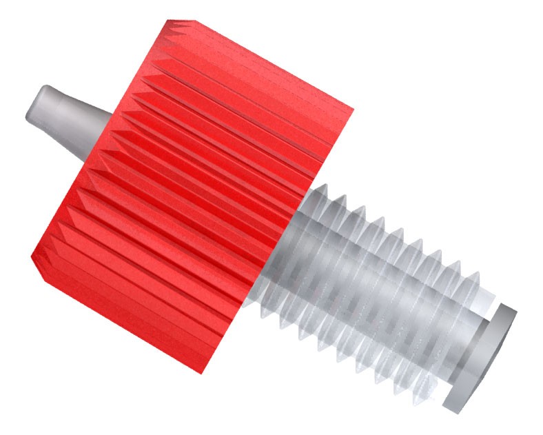 Adapters & Connectors: Adatpter, Thread to Barbed (Click-N-Seal), 1/4"-28 Flat Bottom (Male) to 1/16" ID