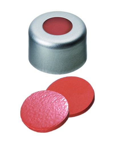 8mm Combination Seal: Aluminium Cap, clear lacquered, centre hole; Natural Rubber red-orange/TEF transparent, 60° shore A, 1.0mm