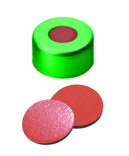 11mm Combination Seal: Aluminium Cap, green lacquered, centre hole; Natural Rubber red-orange/Butyl red/TEF transparent, 45° shore A, 1.0mm