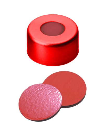 11mm Combination Seal: Aluminium Cap, red lacquered, centre hole; Natural Rubber red-orange/Butyl red/TEF transparent, 45° shore A, 1.0mm
