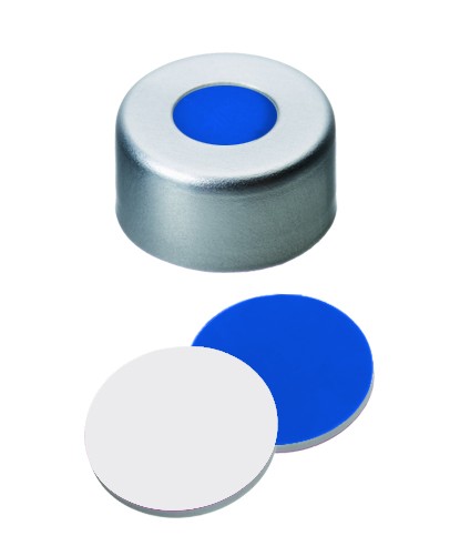 11mm Combination Seal: Aluminium Cap, clear lacquered, centre hole; Silicone dark blue/PTFE white, 45° shore A, 1.3mm