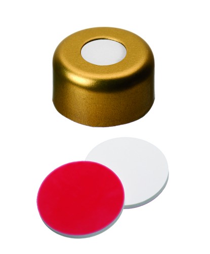 UltraClean Closure (trade mark): 11mm Magnetic Cap, gold lacquered, centre hole; Silicone white/PTFE red, 45° shore A, 1.3mm