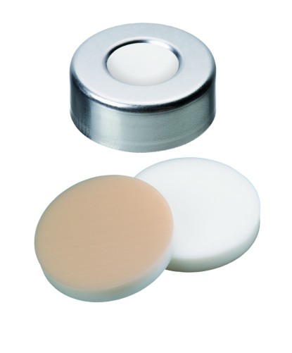 20mm Combination Seal: Aluminium Crimp Cap, plain, centre hole; Silicone white/PTFE beige, 45° shore A, 3.2mm