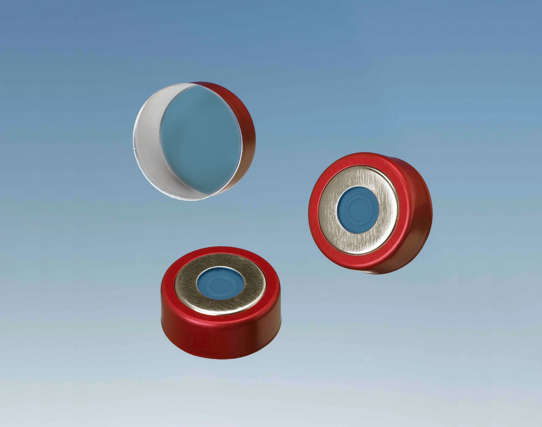 20mm Combination Seal: Magnetic Bi-Metal Cap, red lacquered, with 8mm centre hole; Moulded Septa Butyl/PTFE, grey, 50° shore A, 3.0mm
