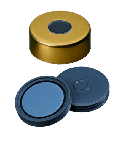 20mm Combination Seal: Magnetic Cap, gold lacquered, 8mm centre hole; Pharma-Fix-Septa, Butyl/PTFE, 50° shore A, 3.0mm