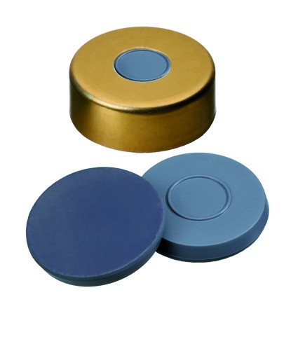 20mm Combination Seal: Magnetic Cap, gold lacquered, 8mm centre hole; Moulded Septa Butyl/PTFE, grey, 50° shore A, 3.0mm