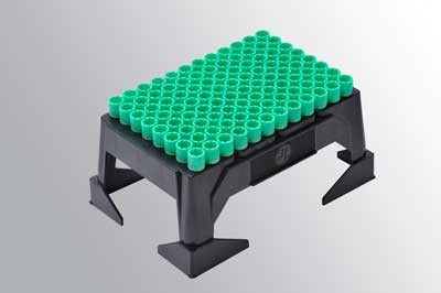 Micronic Screw Caps Green in re-usable cap carrier