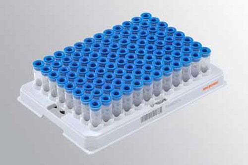Micronic 0.75ml 2D Data-Matrix coded pushcap tubes U-bottom precapped with TPE Caps Natural Snap in Loborack-96 White (Barcoded A1-H1 side)