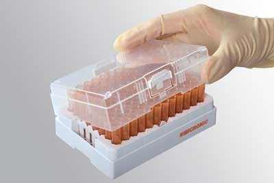 Micronic 1.40ml 2D Data-Matrix coded Screw Cap tubes Amber V-bottom in Roborack-96 White (Barcoded A1-H1 side)