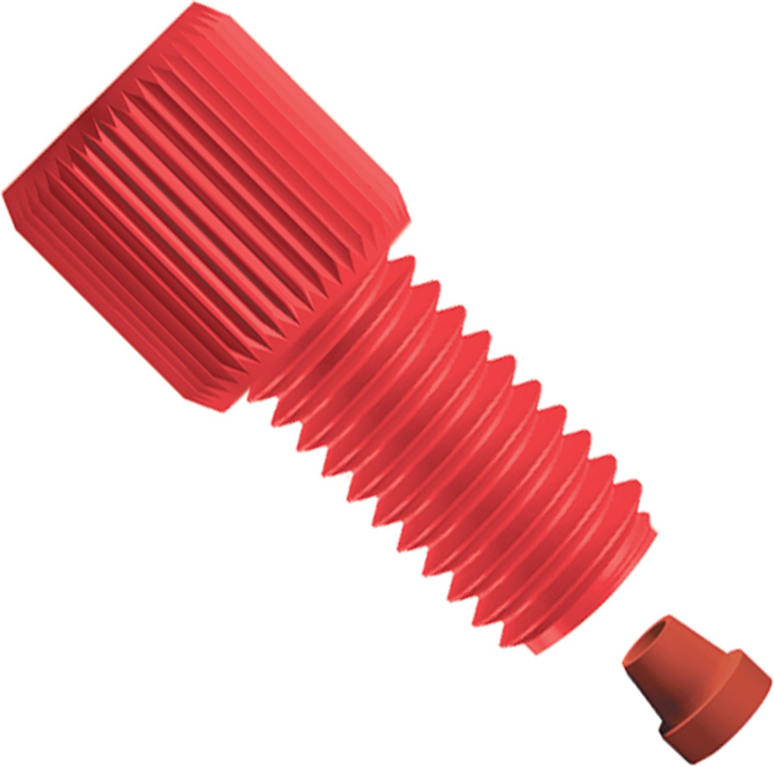 VacuTightâ¢  Flangeless Fitting, for 1/16" OD Tubing, 1/4"-28 Flat-Bottom, Delrin/ETFE, Red/Red (MOQ25)