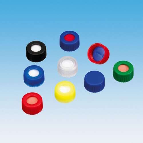 9mm Combination Seal: PP Short Thread Cap, green, centre hole; Natural Rubber red-orange/TEF transparent, 60° shore A, 1.0mm