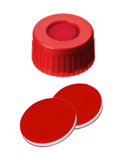 9mm Combination Seal: PP Short Thread Cap, red, centre hole; PTFE red/Silicone white/PTFE red, 45° shore A, 1.0mm