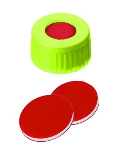 9mm Combination Seal: PP Short Thread Cap, yellow, centre hole; PTFE red/Silicone white/PTFE red, 45° shore A, 1.0mm