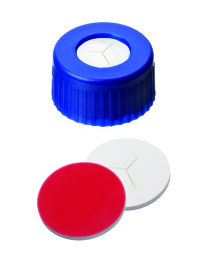 9mm Combination Seal: PP Short Thread Cap, blue, centre hole; Silicone white/PTFE red, 55° shore A, 1.0mm, pre-cut (Y)