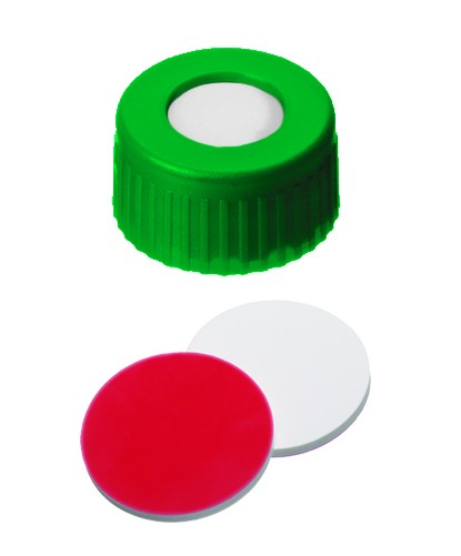 UltraClean Closure (trade mark): 9mm PP Short Thread Cap, green, centre hole; Silicone white/PTFE red, 55° shore A, 1.0mm