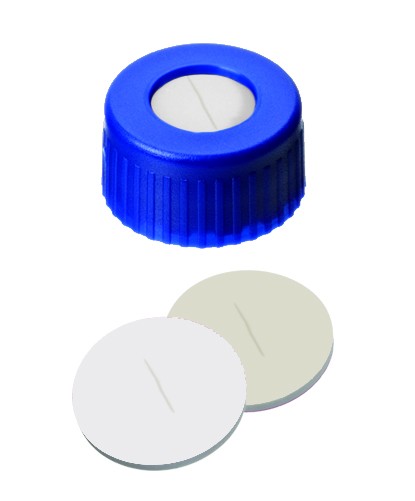 9mm UltraBond Combination Seal: PP Short Thread Cap, blue, centre hole; Silicone beige/PTFE white, 45° shore A, 1.3mm, slitted