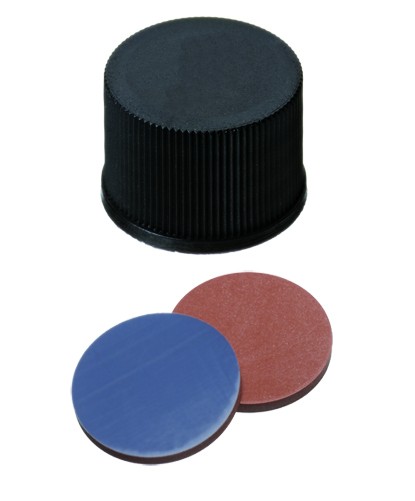 13mm Combination Seal: PP Screw Cap, black, closed top; Butyl red/PTFE 1000 grey, 55° shore A, 1.3mm