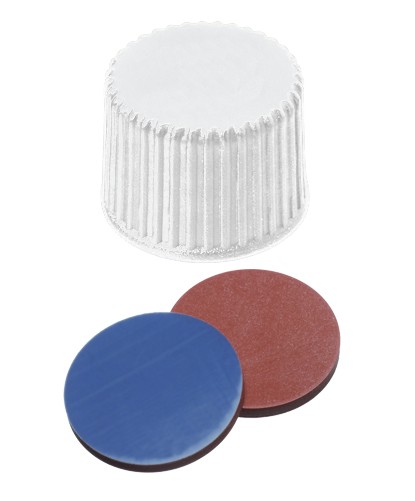 20mm Combination Seal: PP Screw Cap, white, closed top, 20-400 thread; Septum, Butyl red/PTFE grey, 55° shore A, 1.3mm