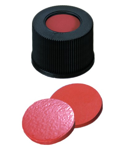 10mm Combination Seal: PP Screw Cap, black, centre hole, 10-425 thread; Natural Rubber red-orange/TEF transparent, 60° shore A, 1.3mm