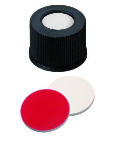 13mm Combination Seal: PP Screw Cap, black, centre hole; Silicone cream/PTFE red, 55° shore A, 1.5mm