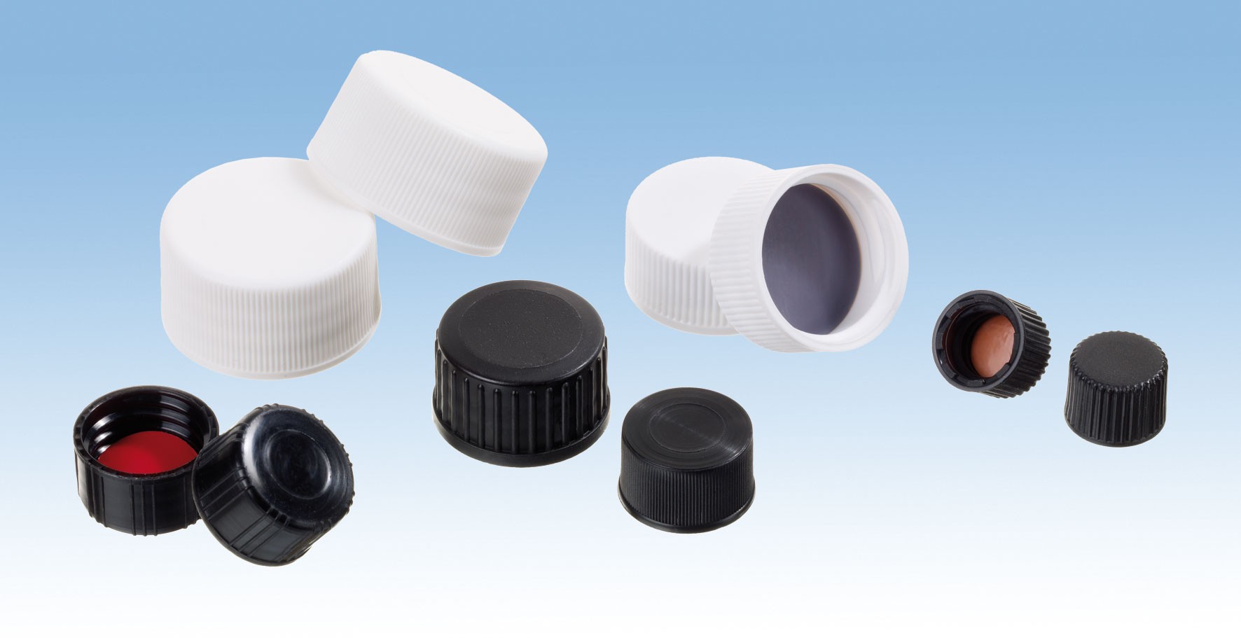 18mm Combination Seal: PP Screw Cap, black, closed top; Silicone transparent blue/PTFE white, 45° shore A, 1.7mm