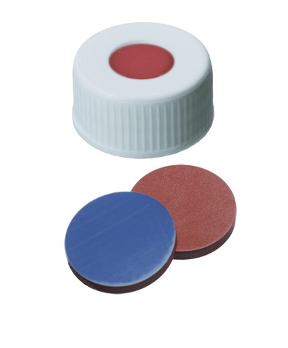 24mm Combination Seal: PP Screw Cap, white, centre hole; Butyl red/PTFE grey, 55° shore A, 2.5mm