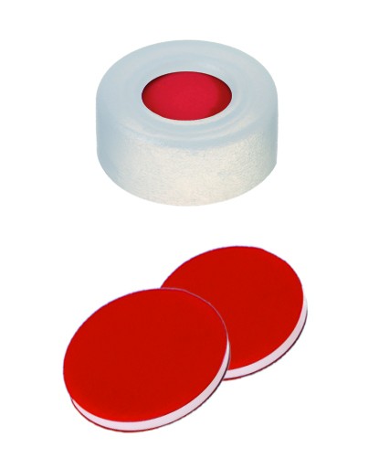 11mm Combination Seal: PE Snap Ring Cap, transparent, centre hole; PTFE red/Silicone white/PTFE red, 45° shore A, 1.0mm