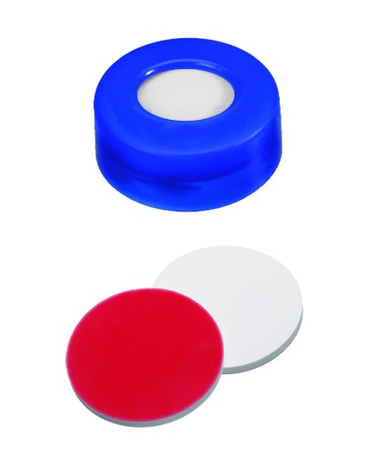 UltraClean Closure (trade mark): 11mm PE Snap Ring Cap, blue, centre hole; Silicone white/PTFE red, 45° shore A, 1.3mm