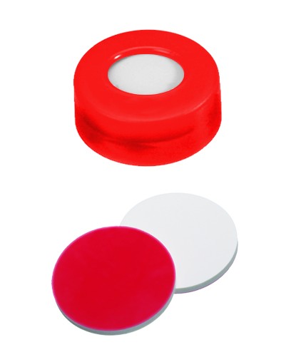UltraClean Closure (trade mark): 11mm PE Snap Ring Cap, red, centre hole; Silicone white/PTFE red, 45° shore A, 1.3mm
