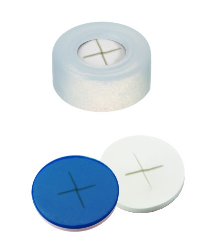 11mm Combination Seal: PE Snap Ring Cap, transparent, centre hole; Silicone white/PTFE blue, 55° shore A, 1.0mm, cross-slitted