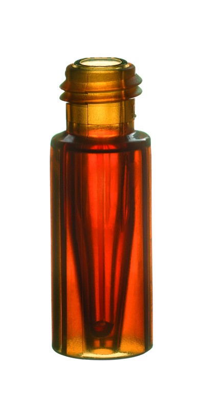 TopSert (trade mark): TPX Short Thread Vial, 32 x 11.6mm, amber, with integrated 0.2ml Glass Micro-Insert, 15mm top