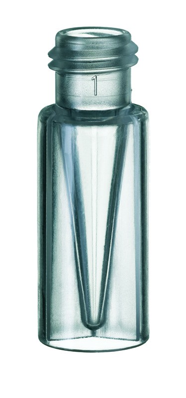 TopSert (trade mark): TPX Short Thread Vial, 32 x 11.6mm, with integrated 0.2ml Glass Micro-Insert, 15mm top (>>> silanized <<<)