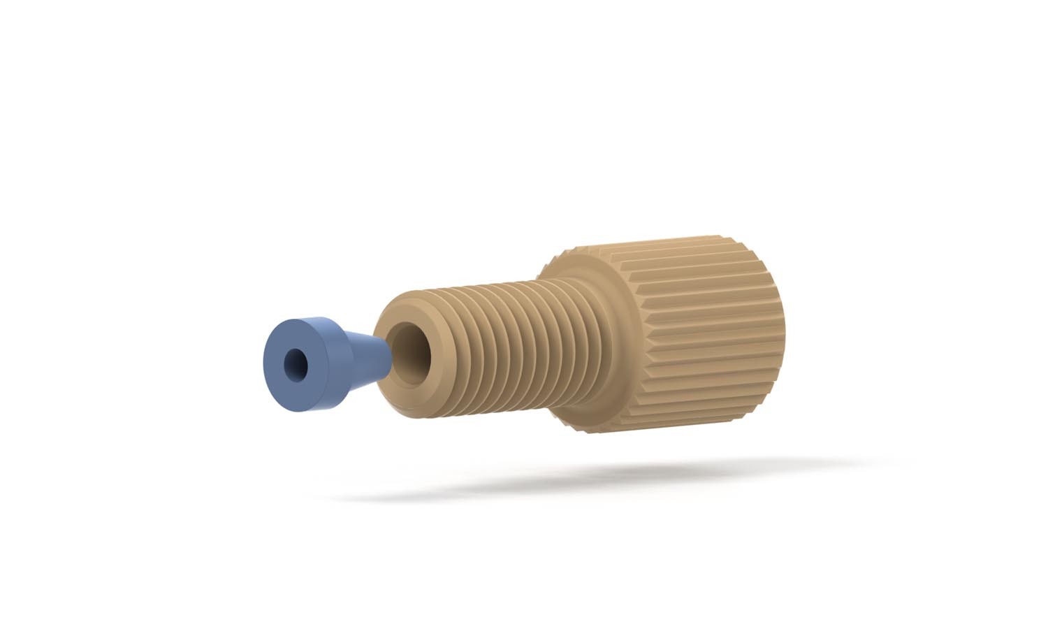 Flangeless Fitting, for 1/16" OD Tubing, 1/4"-28 Flat Bottom, PEEKâ¢/ETFE, Natural/Blue