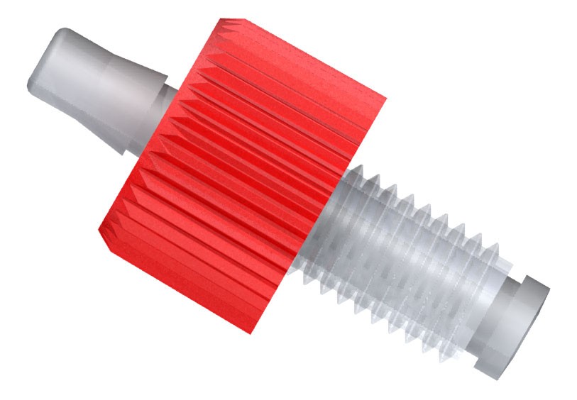 Adapters & Connectors: Adatpter, Thread to Barbed (Click-N-Seal), 1/4"-28 Flat Bottom (Male) to 5/32" ID