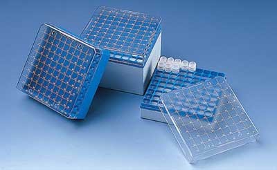 Brand: Tubes, Caps & Racks: Storing box PC for cryogenic tubes stackable f. 1,2 + 2 ml blue, 81 tubes