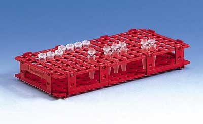 Brand: Tubes, Caps & Racks: Microcentrifuge tube rack PP 265x126x38 mm f.84 t.to dia. 13 mm red