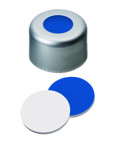 8mm Combination Seal: Aluminium Cap, clear lacquered, centre hole; Silicone dark blue/PTFE white, 45Â° shore A, 1.3mm