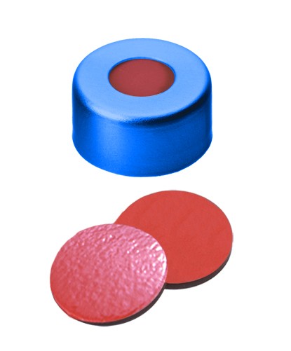 11mm Combination Seal: Aluminium Cap, blue lacquered, centre hole; Natural Rubber red-orange/Butyl red/TEF transparent, 45Â° shore A, 1.0mm