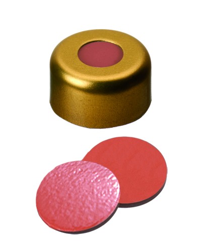 11mm Combination Seal: Aluminium Cap, gold lacquered, centre hole; Natural Rubber red-orange/Butyl red/TEF transparent, 45° shore A, 1.0mm