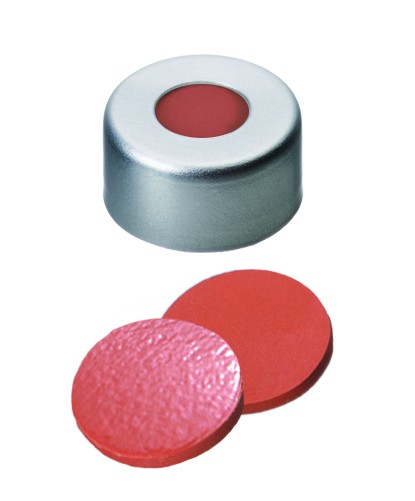 11mm Combination Seal: Aluminium Cap, clear lacquered, centre hole; Natural Rubber red-orange/TEF transparent, 60° shore A, 1.0mm