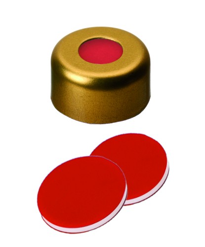 11mm Combination Seal: Magnetic Cap, gold lacquered, centre hole; PTFE red/Silicone white/PTFE red, 45° shore A, 1.0mm