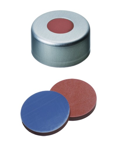 13mm Combination Seal: Aluminium Cap, clear lacquered, centre hole; Butyl red/PTFE grey, 55° shore A, 2.0mm