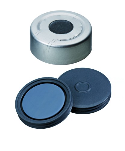 20mm Combination Seal: Aluminium Headspace Cap, clear lacquered, centre hole; Pharma-Fix-Septa, Butyl/PTFE, 50° shore A, 3.0mm