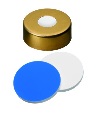 UltraClean Closure (trade mark): 20mm Magnetic Cap, gold lacquered, 8mm centre hole; Silicone white/PTFE blue, 55 ° shore A, 1.5mm