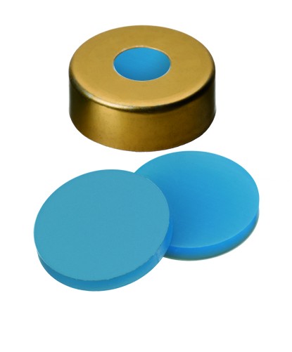 UltraClean Closure (trade mark): 20mm Magnetic Cap, gold lacquered, 8mm centre hole; Silicone transparent blue/PTFE white, 45° shore A, 3.0mm