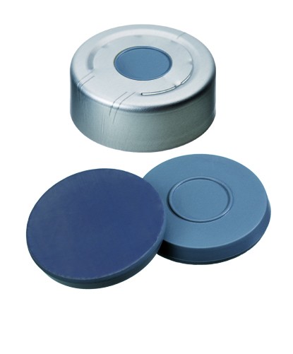 20mm Combination Seal: Aluminium Headspace Cap, clear lacquered, centre hole; Moulded Septa Butyl/PTFE, grey, 50° shore A, 3.0mm