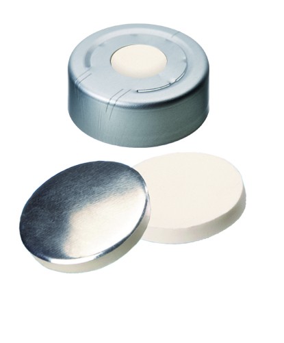 20mm Combination Seal: Aluminium Headspace Cap, clear lacquered, centre hole; Silicone white/Aluminium Foil silver, 50° shore A, 3.0mm