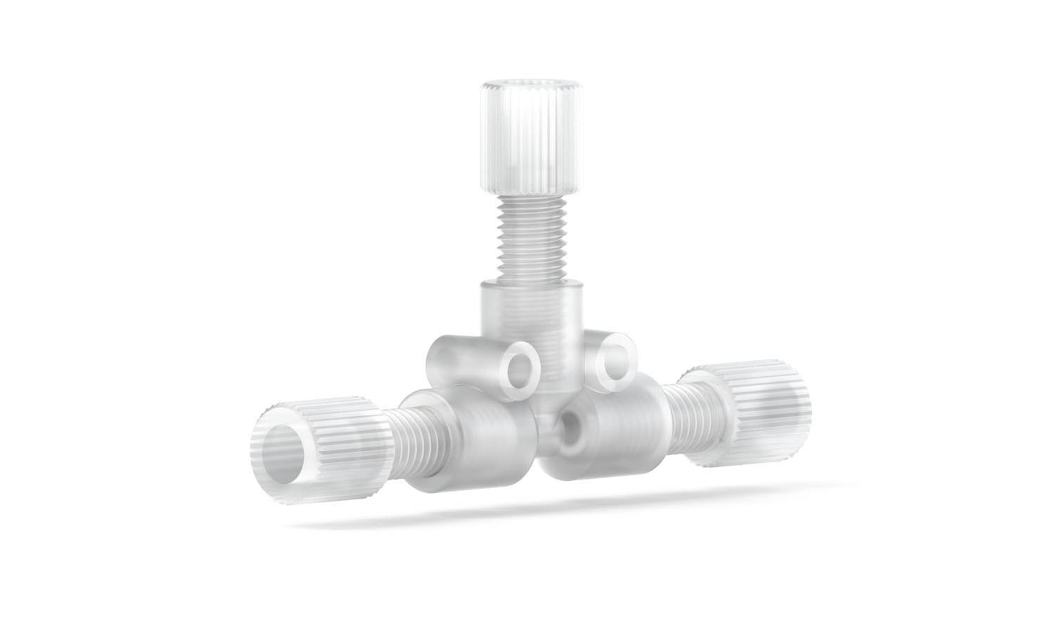 Adapters & Connectors: Tee for 1/8â OD Tubing, 1/4"-28 Flat Bottom, ETFE