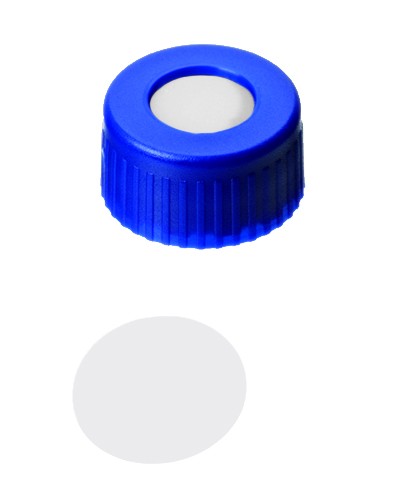 9mm Combination Seal: PP Short Thread Cap, blue, centre hole; PTFE virginal, 53° shore D, 0.2mm
