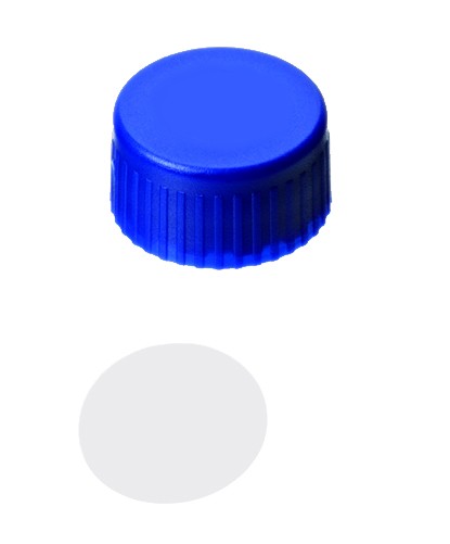 9mm Combination Seal: PP Short Thread Cap, blue, closed top; PTFE virginal, 53° shore D, 0.2mm